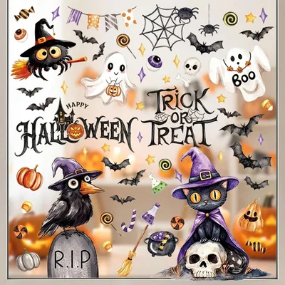 Zdjęcie produktu dla 6 arkuszy dwustronnych naklejek na Halloween, kolorowe dekoracje okienne na Halloween z motywami dyni, ducha, nietoperza i pająka, naklejki statyczne do okien