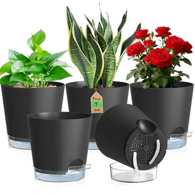 Produktbild von Selbstbewässerungstopf 5er Set Kunststoff Ø 17,8 cm Schwarz mit Wasserstandsanzeige