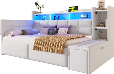 Produktbild von Merax Tagesbett Daybett 90x190cm, Schlafsofa mit 2 Schubladen, USB & Typ-C, LED Lichtleiste, Regal, Stauraumbank, Polsterbett, Kinderbett, Samt, Weiß