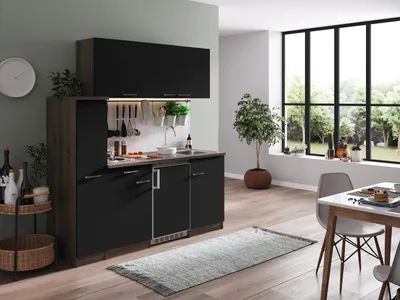 Produktbild von Küche Küchenzeile Singleküche Eiche York Schwarz Oliver 180 cm Respekta