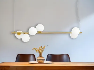 Produktbild von LED Pendelleuchte mehrflammig Gold & Glaskugeln Weiß für Esstisch, Breite 120cm