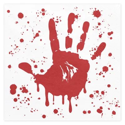 Papierserviette mit rotem Handabdruck auf weißem Grund als Halloween Tischdeko.