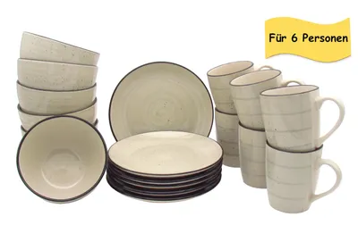 Produktbild von Keramik Frühstücks-Service - Beige 18-teilig für 6 Personen, Vintage Look, Spülmaschinen- & Mikrowellengeeignet