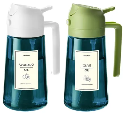Image de Flacon pulvérisateur d'huile 470 ml - Distributeur et vaporisateur d'huile 2 en 1 avec étiquettes - Idéal pour la cuisine, les salades et les barbecues - Noir et bleu ciel