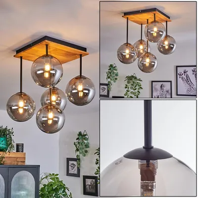 Produktbild von Isorella Deckenlampe aus Metall/Holz/Glas in Schwarz/Natur/Rauchfarben