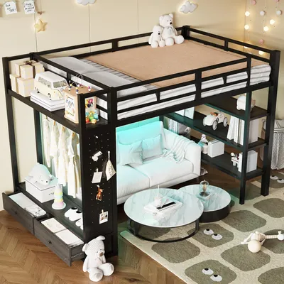Produktbild von Metall Hochbett 140x200 cm mit Kleiderschrank & Regal, Stabiles Etagenbett mit LED-Beleuchtung & Lochwand, Belastbar bis 250kg, Inkl. Lattenrost, Ohne Matratze, Schwarz