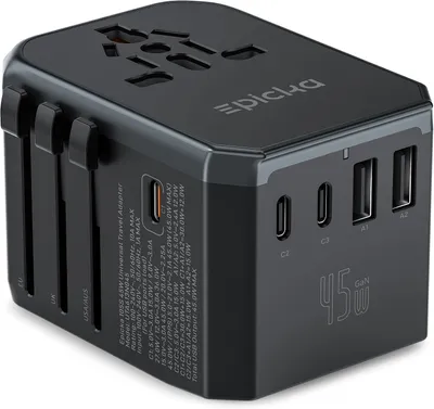 Produktbild von Universeller Reiseadapter mit Schnellladefunktion (PD) - Schnell - 45 W - Reiseadapter mit 3 USB-C-Anschlüssen und 2 USB-A-Anschlüssen - Universell kompatibel mit EU-, USA- und UK-Steckdosen