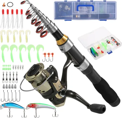 Produktbild von Angelruten- und Rollen-Kombinationen Teleskop-Angelrute mit Spinnrolle Combo-Kit Angelschnur Koeder Haken Wirbel Set Angelzubehoer mit Tackle Box