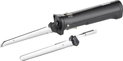 Das Unold Elektromesser Cordless ist ein schwarzes Elektromesser mit zwei abnehmbaren Edelstahlkling