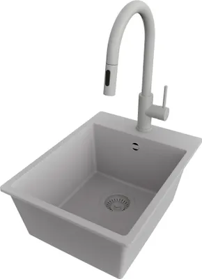 Produktbild von PRIMAGRAN Granitspüle Grau 38x50cm, Spülbecken 1 Becken + Küchenarmatur 40x20cm + Ablauf-Set, Küchenspüle ab 40er Unterschrank - Riga