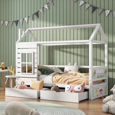 Obrázok produktu pre Detská postieľka Merax 90x200 cm Domček s 2 zásuvkami a ochranou proti vypadnutiu, strechou a oknom, borovicová detská postieľka s lamelovým rámom, biela