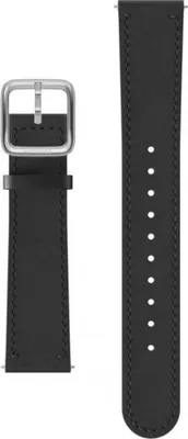A black leather watch strap with a silver buckle is shown against a white background.