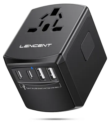 Produktbild von LENCENT Reiseadapter Weltweit, Universal Reisestecker Weltreise Adapter – Größe 2 USB-A und 2 Type-C, Schwarz