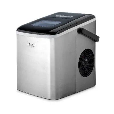 A silver and black ice maker is shown against a white background.