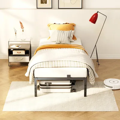 Produktbild von 140 x 200 cm großes Doppelbett, Belastbarkeit 500 kg, 32 cm Staufach, Metallrahmen, Plattformbett, leiser Betrieb, stabil, verstellbares Kopfteil