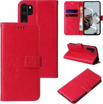 Produktbild von Handyhülle für Huawei P30 Pro Floral Blumen Schmetterling Flip Cover Hülle Case Klapphülle Handytasche Farbe: Rot
