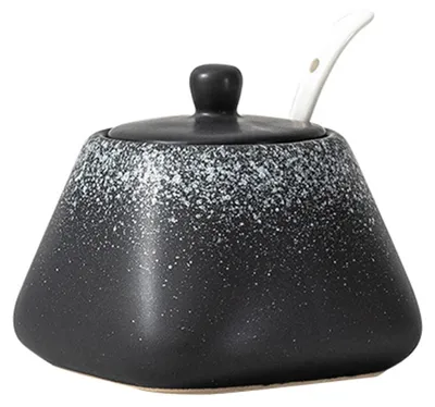 Produktbild von Keramik-Zuckerdose 430 ml mit Deckel und Löffel, Gewürzglas für Salz, Zucker, Kaffee, Tee, Gewürzbehälter, Gewürzbox für Zuhause, Küche, Kaffeebar, Schwarz