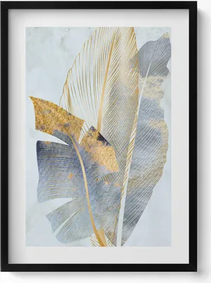 Produktbild von Glamour-Bananenblätter mit Gold– Wandbild mit Rahmen – Gerahmtes Bild  – Wanddekoration – 50x70 cm –  Schwarz Rahmen