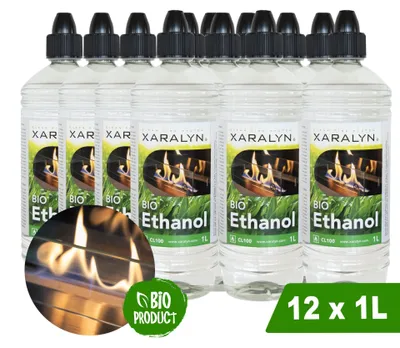 Produktbild von Xaralyn Ethanol CL100 (12 x 1 Liter) - 100 % reines Bioethanol - Gelbe Flamme - Ohne Duftstoffe - Flüssiger Ethanol Brennstoff für Indoor Kamin und Tischfeuer