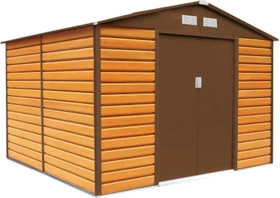 A brown metal garden shed with wood-effect siding.
