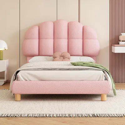 Image de Lit Simple Capitonné 90x200 Cm, Avec Cadre à Lattes En Revêtement Bouclé -rose