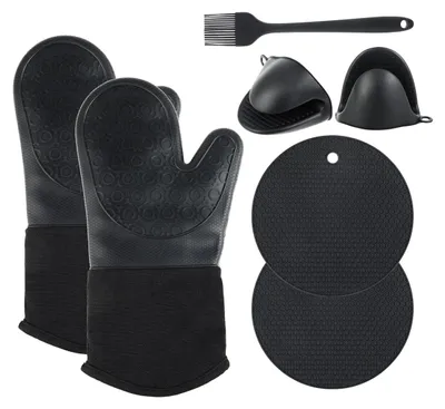 Produktbild von Silikon-Backhandschuhe 6 Stück, Hitzebeständig Bis 230 °C, Für Grill, Backen Und Ofen, Schwarz