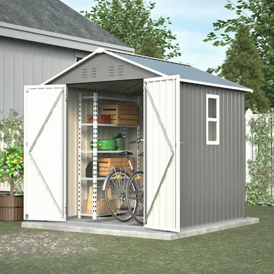 Produktbild von Metall Geräteschuppen Gerätehaus mit Fundament mit Fenster Satteldach Schuppen Pultdach 6m³ Grau