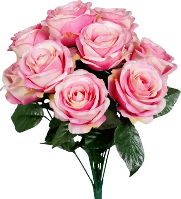 Produktbild von Rosenbündel pink mit 11 Blüten und Blättern H. 40cm DPI Kunstblumen