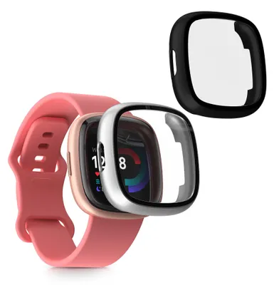Produktbild von kwmobile 2x Glas Hülle für Fitbit Versa 4 / Sense 2 Schutzhülle - Fullbody Fitnesstracker Case Set aus Glas - Schwarz Silber