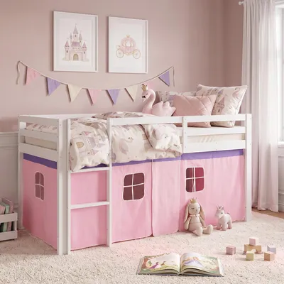 Produktbild von Homestyle4u Hochbett 90x200 Kinder mit Lattenrost Vorhang Rosa Mädchen Kinderbett Weiß Holz Kiefer Massiv Jugendbett mit Rausfallschutz