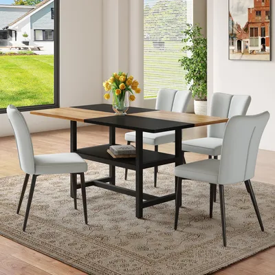 Produktbild von Tisch-Stuhl-Set, 160 cm rechteckiger Esstisch mit Ablagefach + 4 hellgraue moderne Stühle