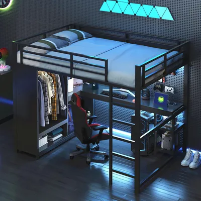 A loft bed with a desk and closet underneath, set up in a modern, dimly lit room with gaming-themed decor.
