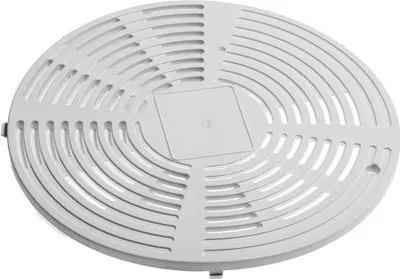 A white circular grate with concentric rings and radial lines, set against a white background.