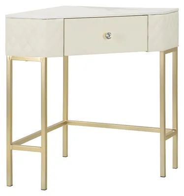 Immagine prodotto di Console Angolare Sharon Glam 84,5x60x77 cm, Simil Pelle Trapuntata Bianco e Oro - Con Cassetto e Poggiapiedi - Design