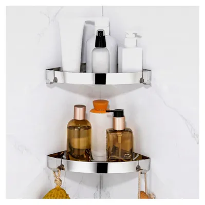 Produktbild von Eckregal für die Dusche, Duschablage ohne Bohren, Badregal aus Edelstahl, selbstklebender Duschkorb, Badezimmer Organizer für Shampoo mit 4 Haken, 2 Stück Schwarz