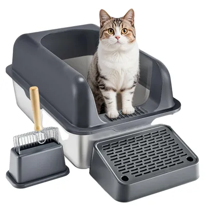Productafbeelding van VEVOR kattenbak, 15,2 cm diep, XL, extra grote roestvrijstalen kattenbak met schep, brede zeefbodem en hoge randen, gesloten, geurloos