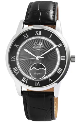 Produktbild von Q & Q Herrenuhr mit Kunstlederionsband in Schwarz, 5 Bar wasserdicht