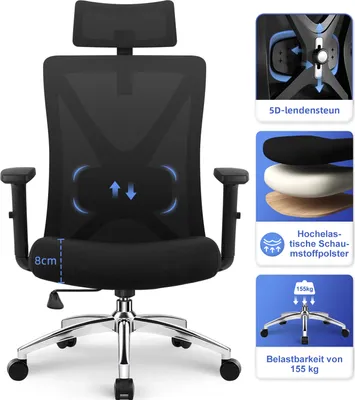 Image de Aiibot Chaise de bureau ergonomique, 5D soutien lombaire chaise de bureau,avec appui-tête, grands accoudoirs chaise de bureau,chaise pivotante,fauteuil de direction,capacité de charge 155kg