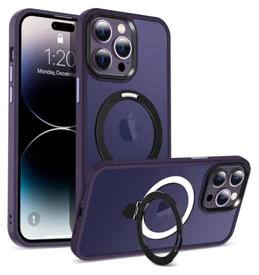 Two purple iPhone cases are shown, one standing upright and the other lying on its side.