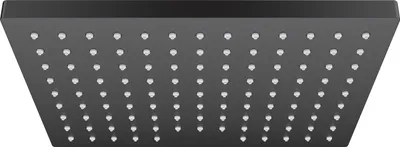 A top-down view of a black square shower head with multiple silver nozzles.