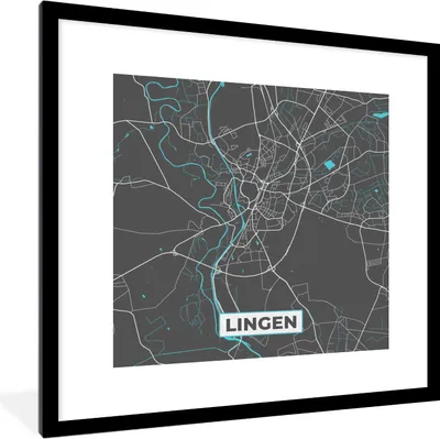 Produktbild von MuchoWow® Gerahmtes Poster Karte - Lingen - Blau - Stadtplan - Deutschland 40x40 cm - Poster mit Schwarzem Bilderrahmen Wandposter Rahmen Foto Bilder - Poster - Plakat im Rahmen