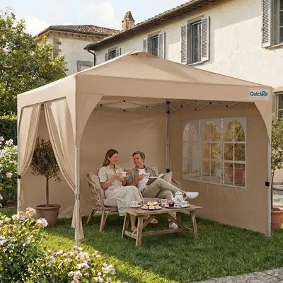 Produktbild von Quictent Pavillon 3x3m, EIN-Tasten-Zentralverriegelung Faltpavillon, Gartenpavillon Partyzelt Gartenzelt, mit 3 abnehmbaren Fensterseiten, Beige