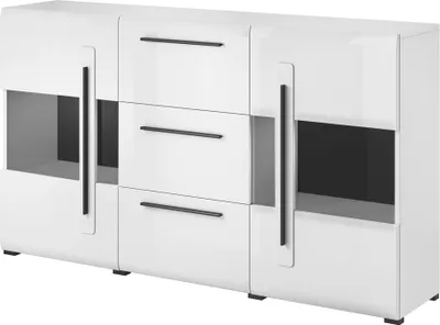 Produktbild von Sideboard Vitrine weiß Hochglanz TURDA-83 modern mit Absetzungen in schwarz, B/H/T: ca. 180/103/39 cm