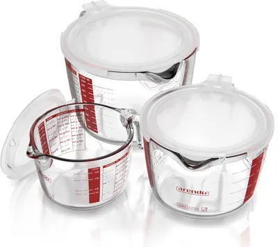 Produktbild von Arendo Messbecher 250 ml, 500 ml & 1000 ml Glas Messkrug Set mit Deckel, Borosilikatglas, Glas, (Set, 3-St), präzise Skala, hitzebeständig, mikrowellengeeignet, Küchenhelfer
