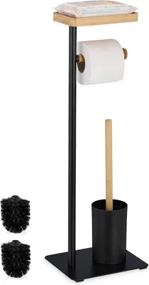 Immagine prodotto di Set di accessori per il bagno: portarotolo, spazzolino per WC, portaspazzolino e ripiano, in bambù e ferro, colore nero, stile naturale