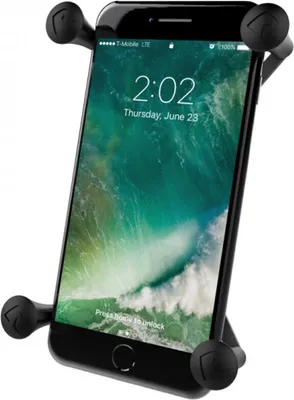 A black smartphone is held in a black phone mount.