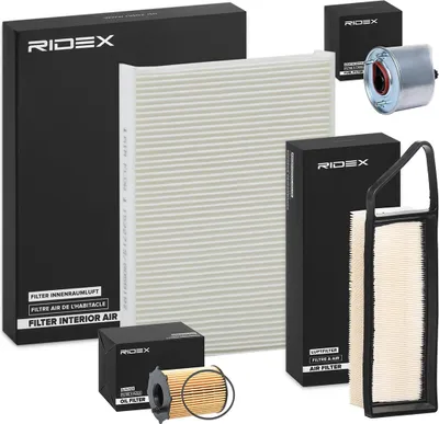 Produktbild von RIDEX Filterset Inspektionspaket Filtersatz für VW Golf V Schrägheck (1K1) für FORD Fiesta Mk6 Schrägheck (JA8, JR8) S-MAX (WA6) für OPEL