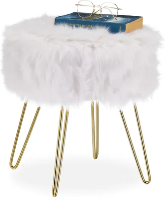 Produktbild von relaxdays Fellhocker Kunstfell Weiß-Gold