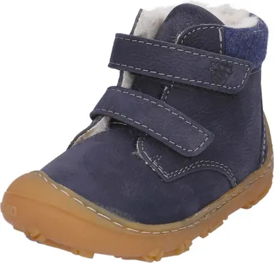 A single blue winter boot with a brown sole and white stitching, set against a white background.