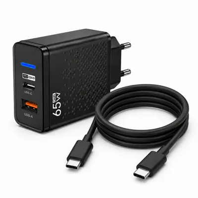 Produktbild von 65W USB-C GaN Ladegerät mit 2m USB-C Ladekabel (20W) – 2-Port Schnellladeadapter mit USB-C & USB-A für Smartphone & Tablet